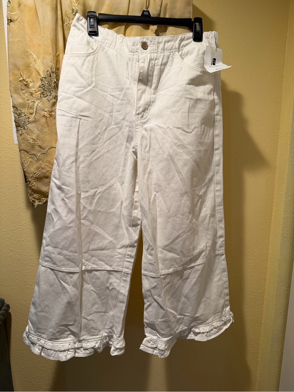 White Ruffle Hem Wide-Leg Pants